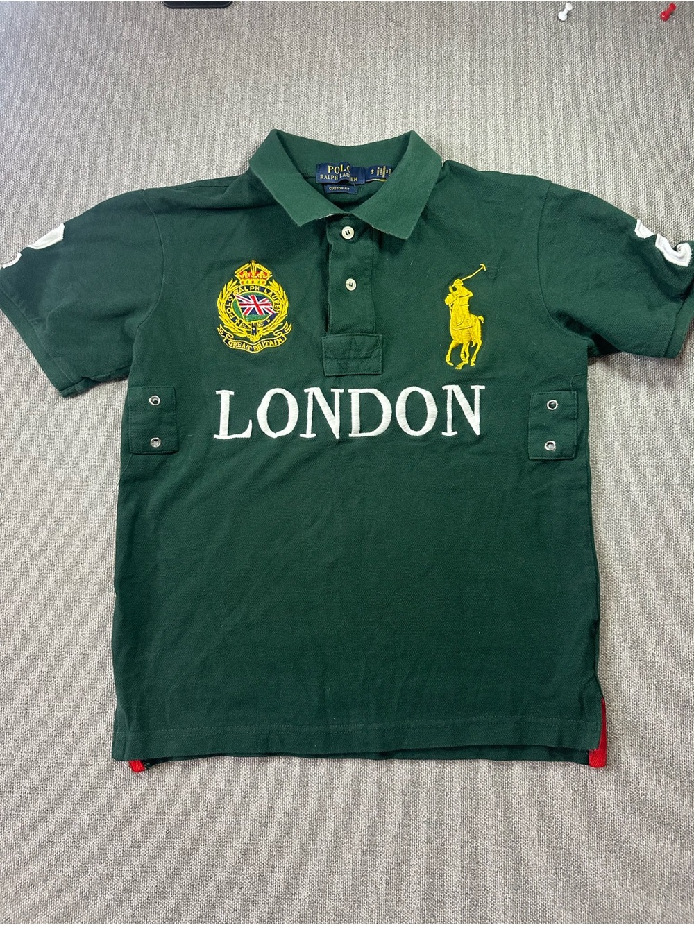 Ralph Lauren Green Polo Shirt with Yellow Crest & White 'LONDON' Embroidery